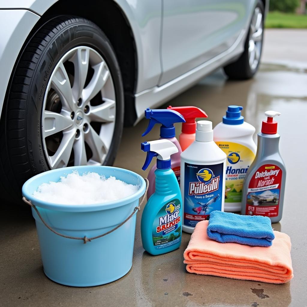 Essential car wash supplies including microfiber towels, sponges, and cleaning solutions