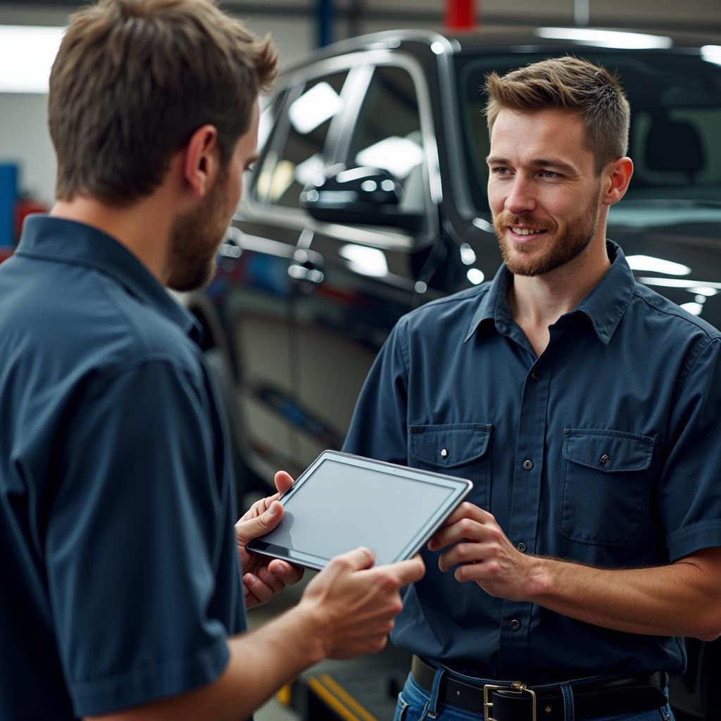 Carmel Car Service mechanic discussing repairs with a customer