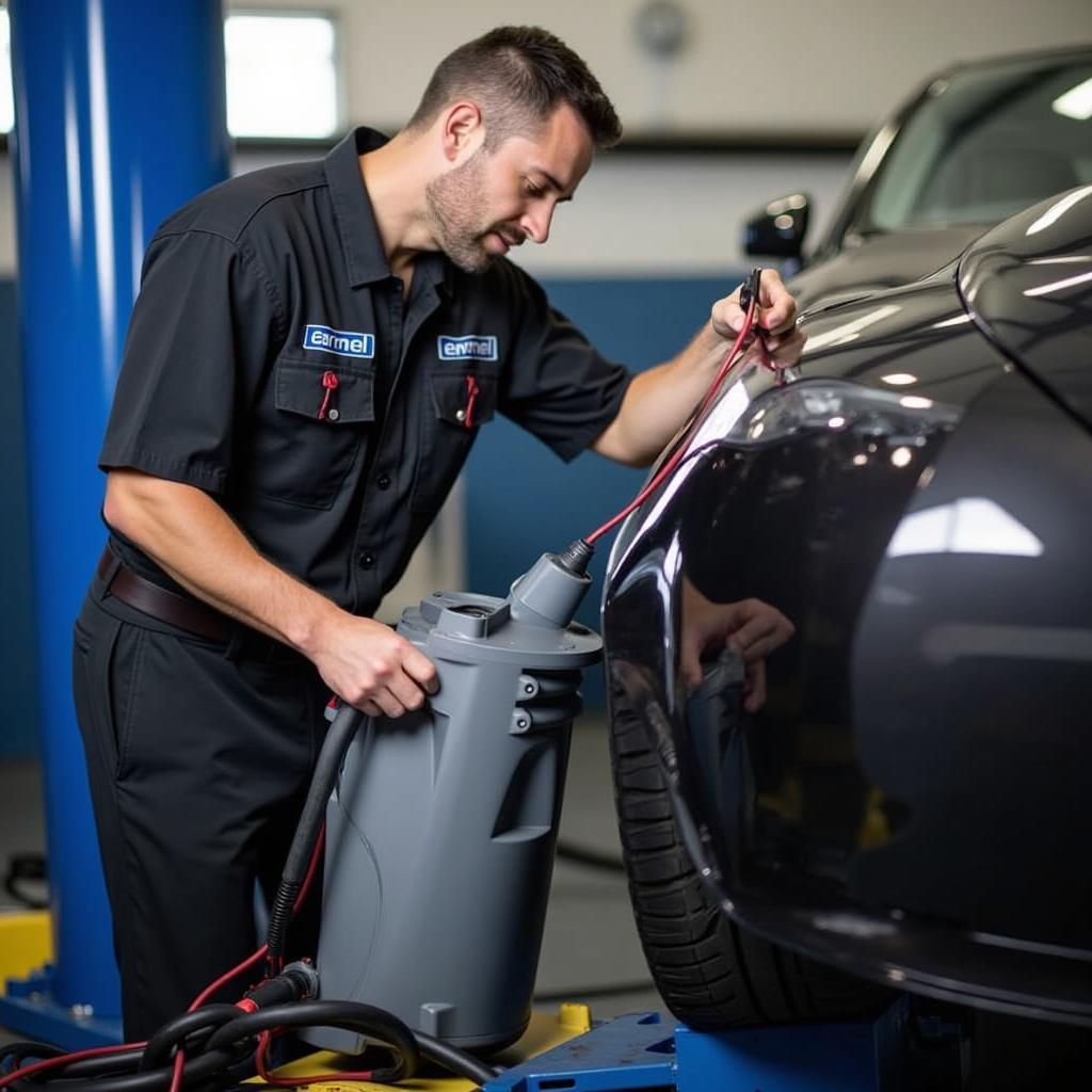 Mechanic using advanced diagnostic tools