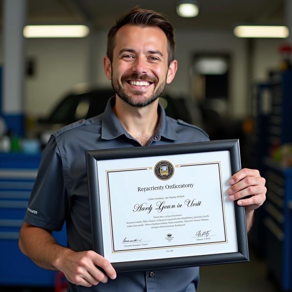 A certified automotive technician proudly displays their achievement.