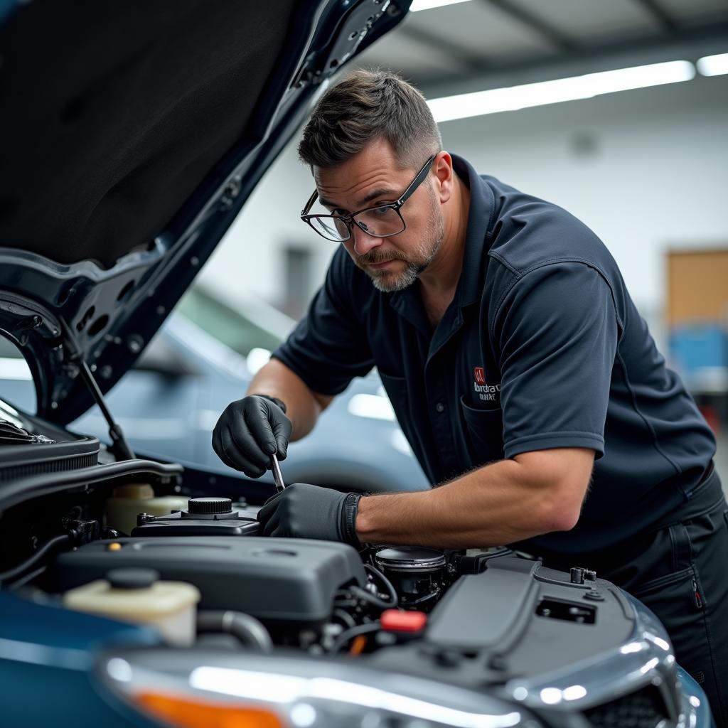 Certified Car Mechanic Working on Engine