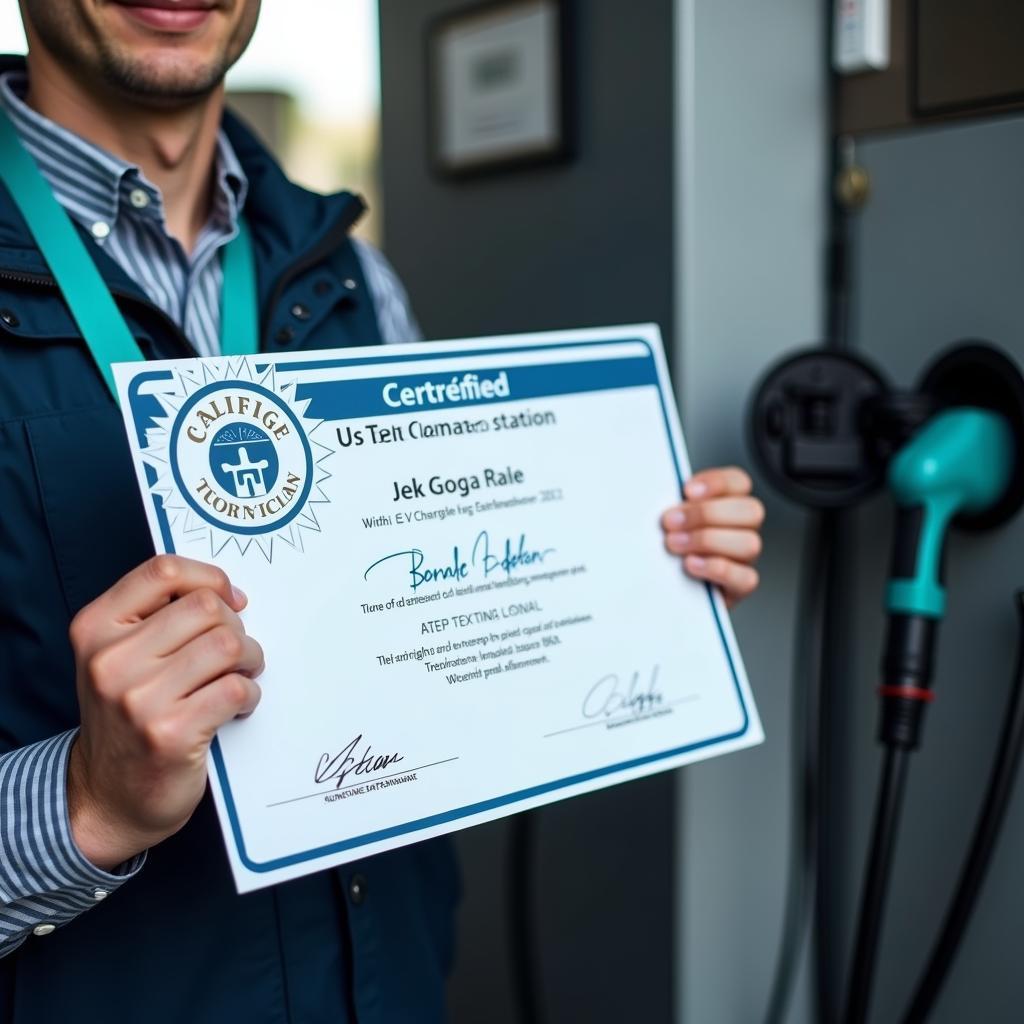 Certified EV Charging Technician Holding a Certificate