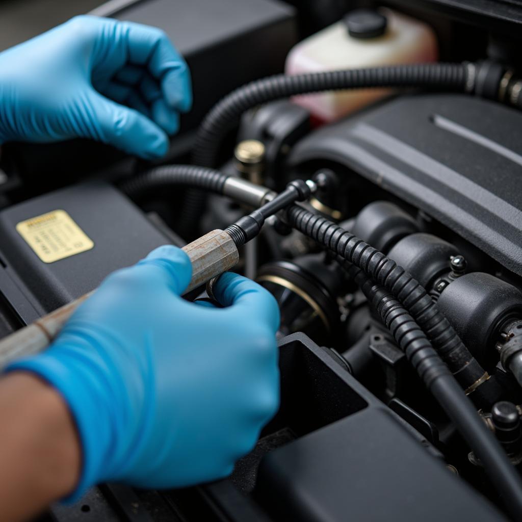 Mechanic inspecting car AC refrigerant lines for leaks