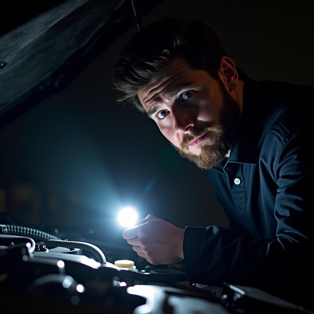 A car owner inspecting their vehicle's engine bay with a flashlight.