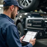 Mechanic checking a car service record