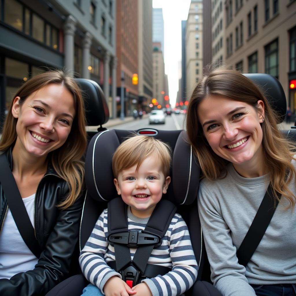 Family traveling in a Chicago car service with a child seat