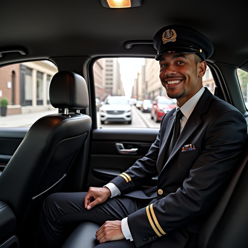 A professional driver assisting with a car seat installation in Chicago.