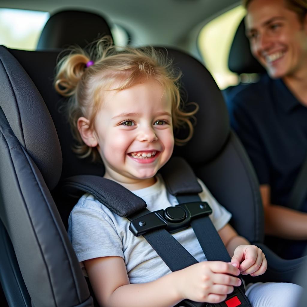 Child happily secured in a correctly installed car seat