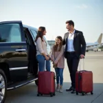 Family with luggage being greeted by a chauffeur at LAX