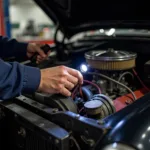 Mechanic inspecting a classic car engine