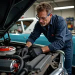 Mechanic repairing classic car engine in Branford