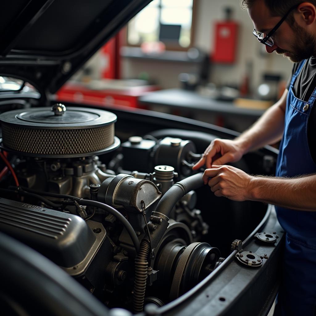 Mechanic working on a classic car engine in Branford CT