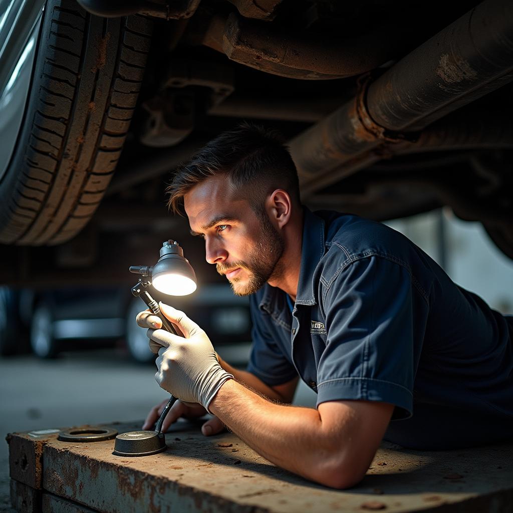 Mechanic inspecting the undercarriage of a classic car