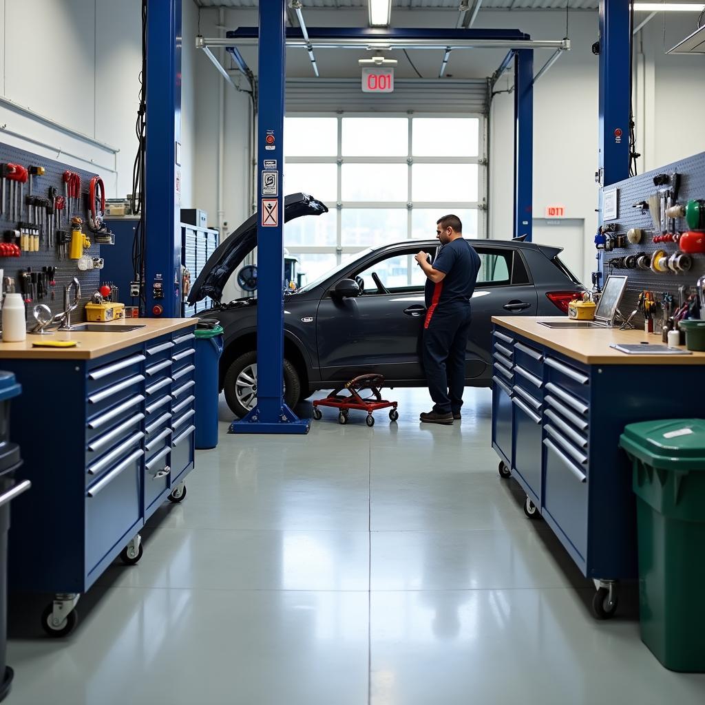 Clean and organized car service centre workspace