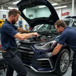 Expert technicians working on a car audio system