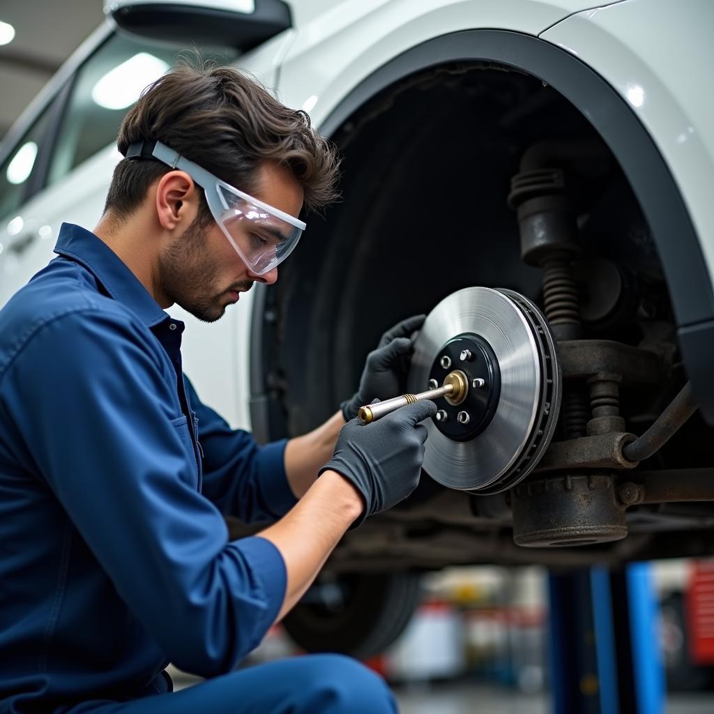 Mechanic Inspecting Brakes in Chandigarh