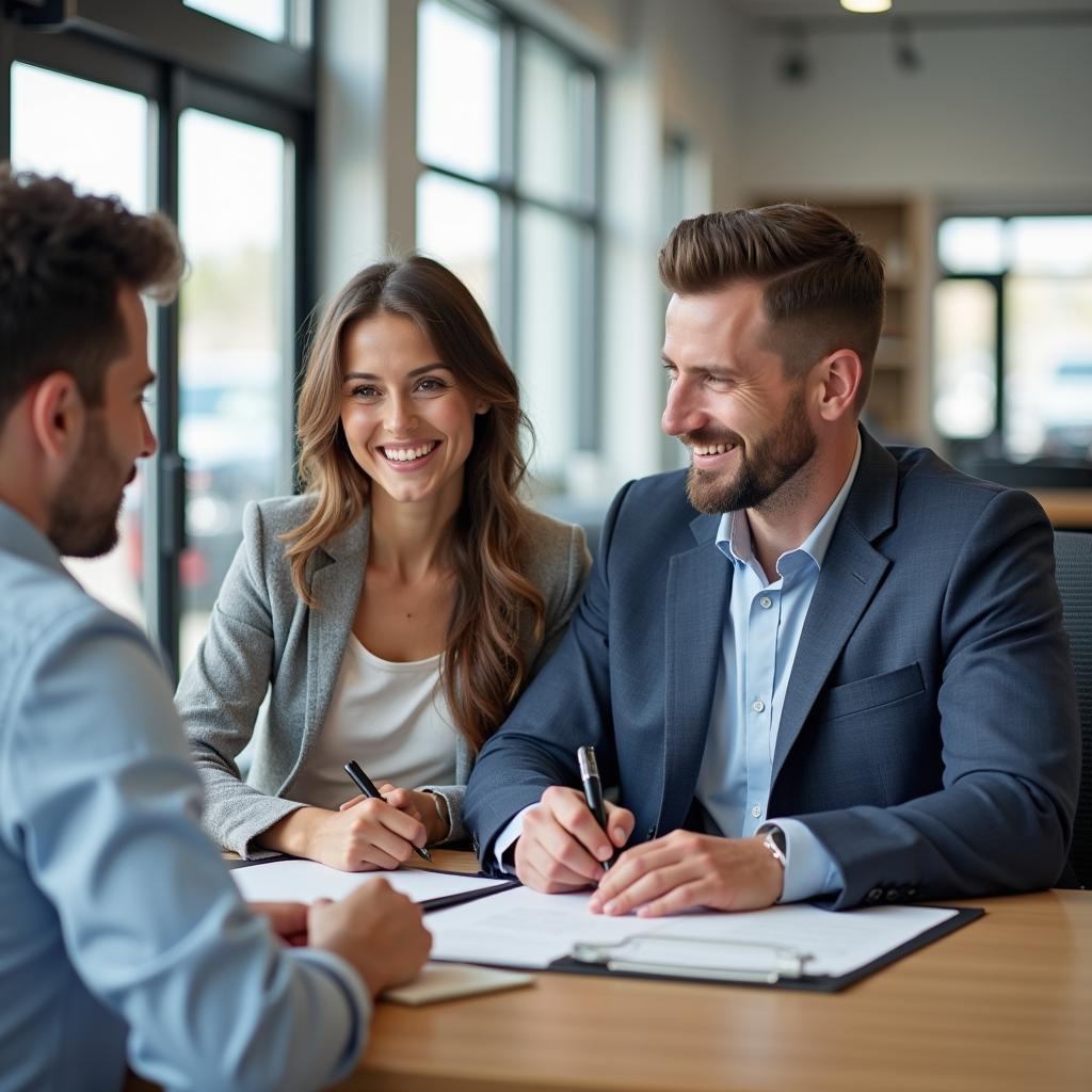 Couple Signing Car Loan Documents at Dealership