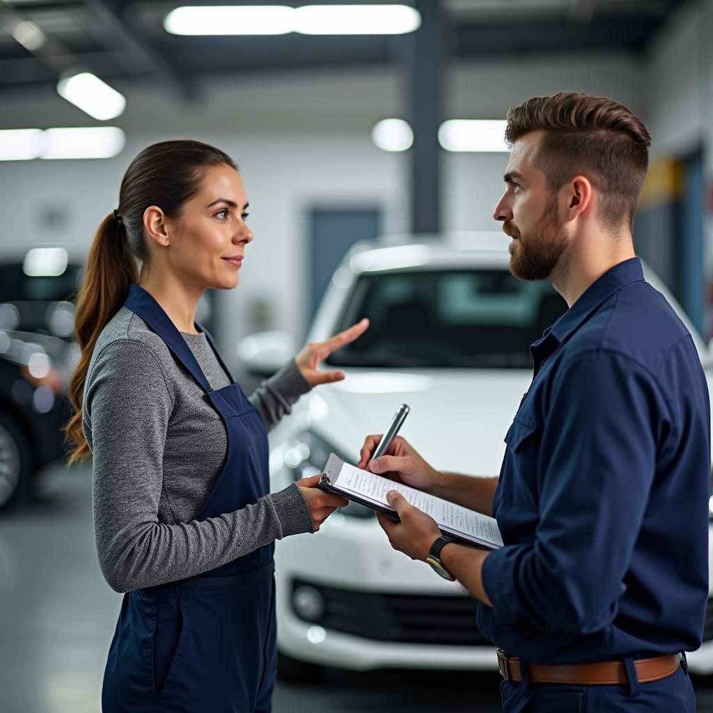 Customer Discussing Car Issues with Mechanic After Service