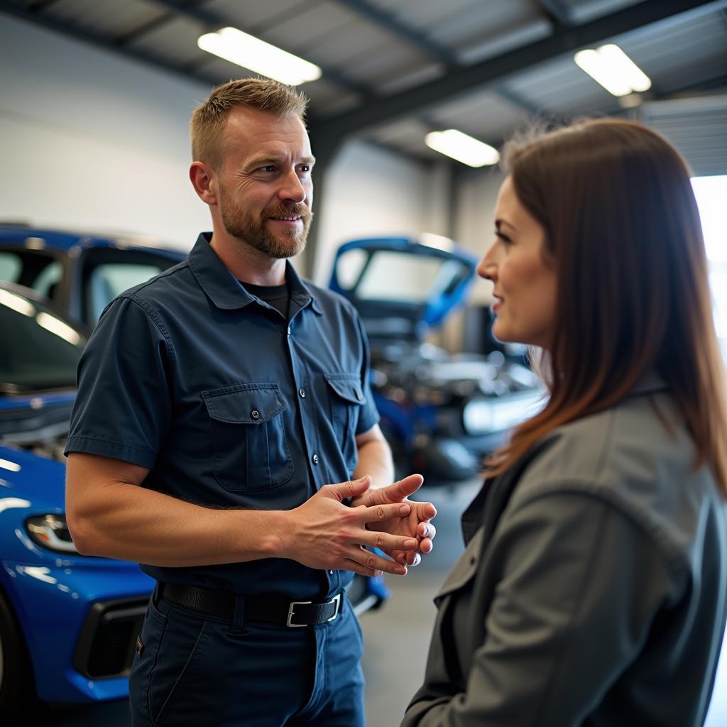 Customer discussing car repair with a technician