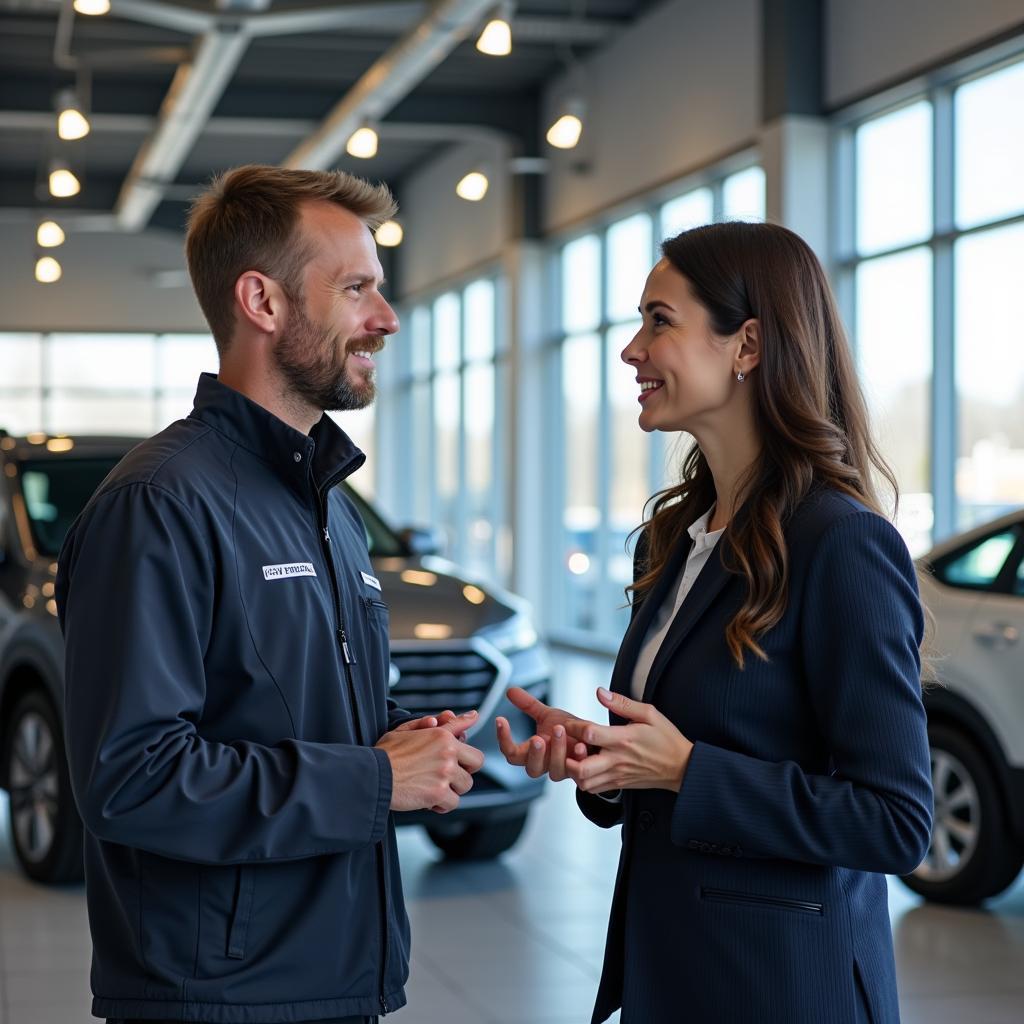 Customer discussing car service options with a service advisor