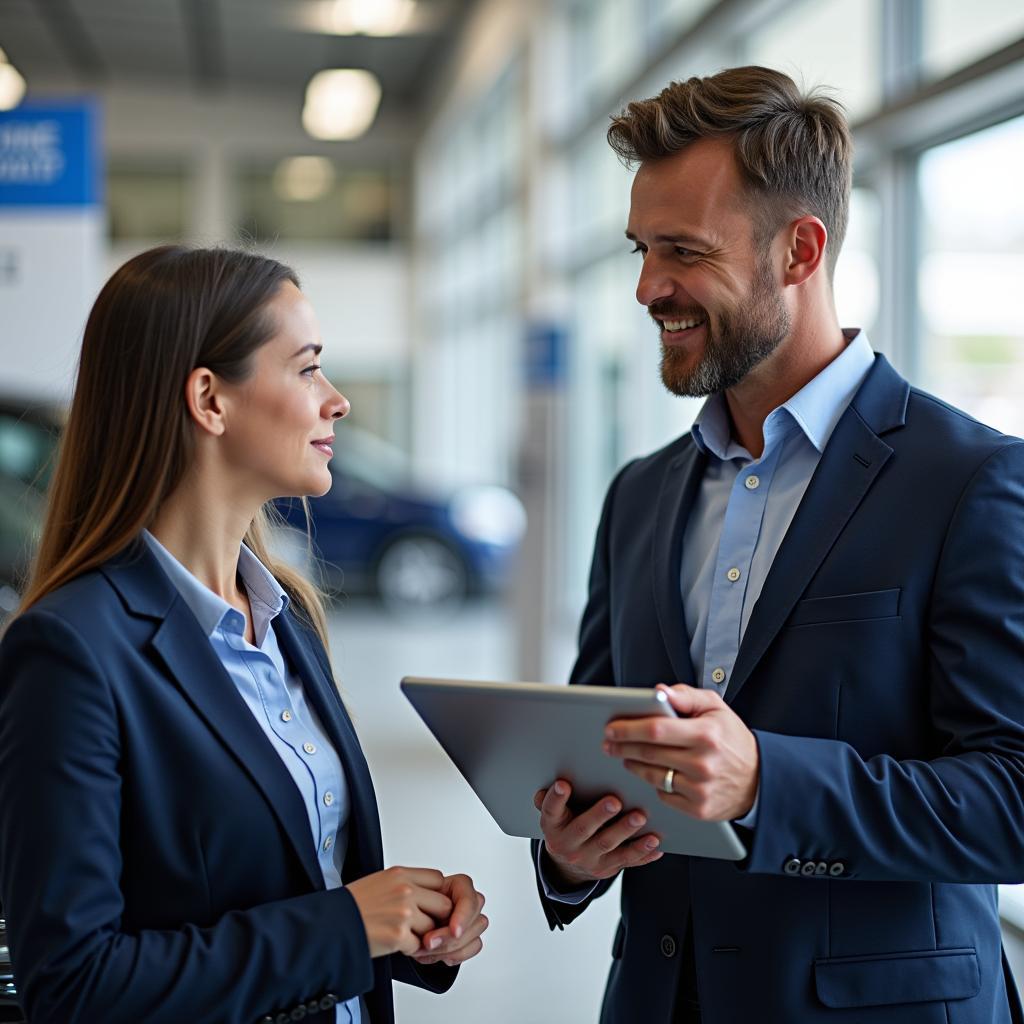 Customer discussing service details with a service advisor at the Sapphire Honda service center