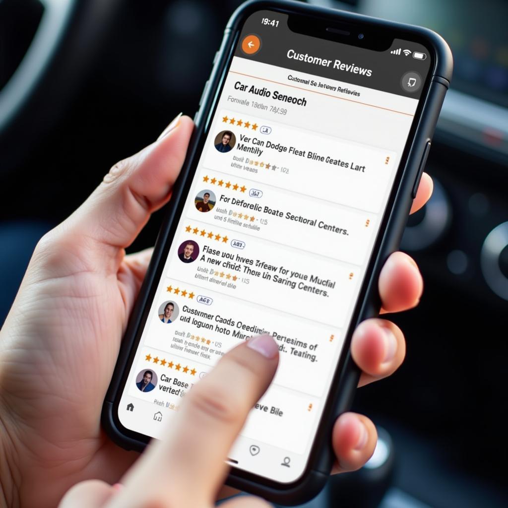 Customer Browsing Online Reviews for Car Audio Service on Smartphone