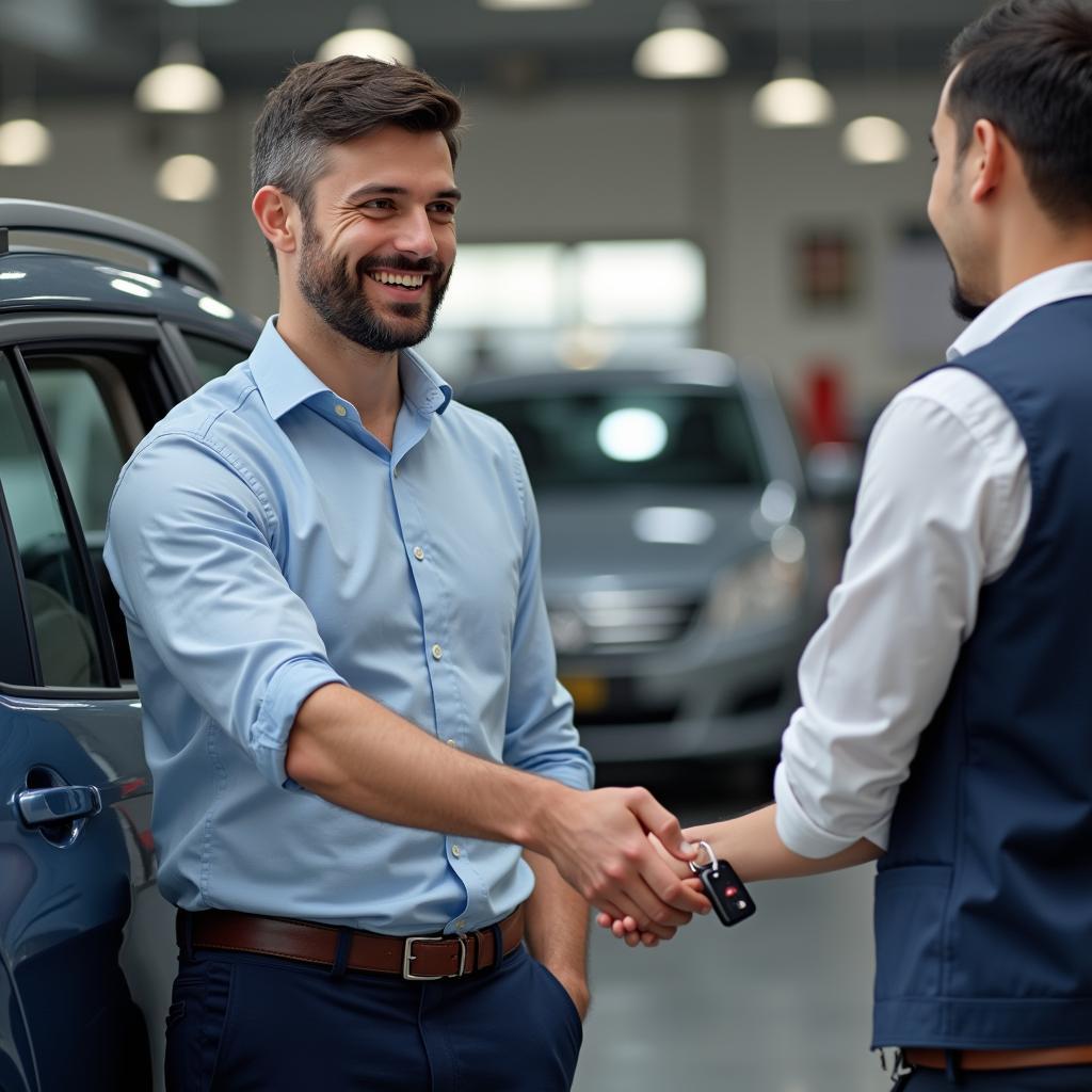 Customer receiving their car key from a service advisor