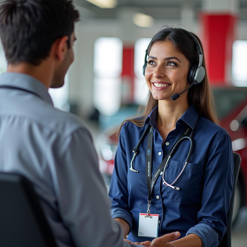 Customer service advisor discussing car service with a customer.