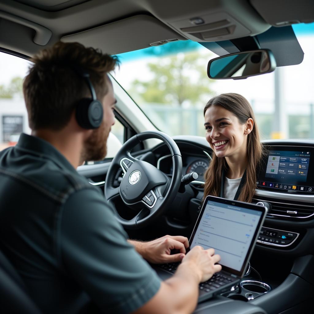 Customer service representative assisting a customer with car audio concerns