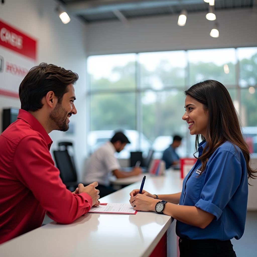 Customer Service Representative Assisting a Client at Honda Service Center in Yelahanka