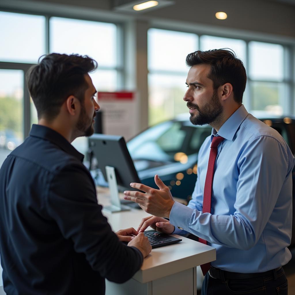 Customer Discussing Car Service with Advisor at Honda Dealership in Navi Mumbai