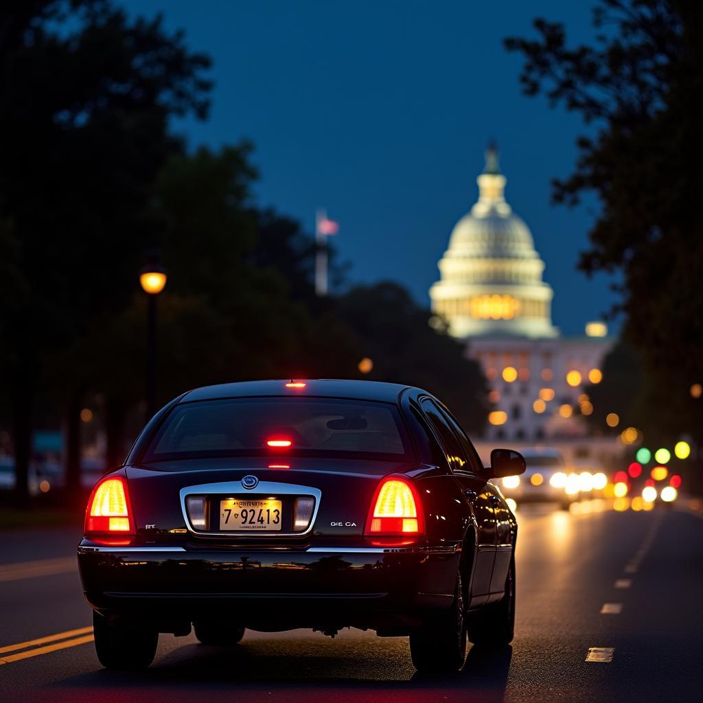 Town Car Driving Past Illuminated Monuments at Night