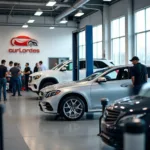 A car being serviced in a dealership service center