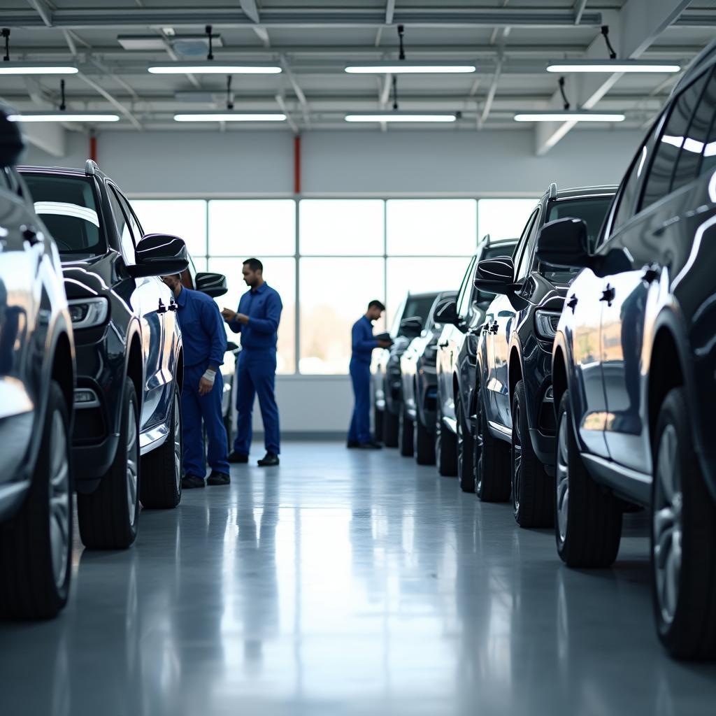 Modern Dealership Service Center with Technicians Working on Vehicles