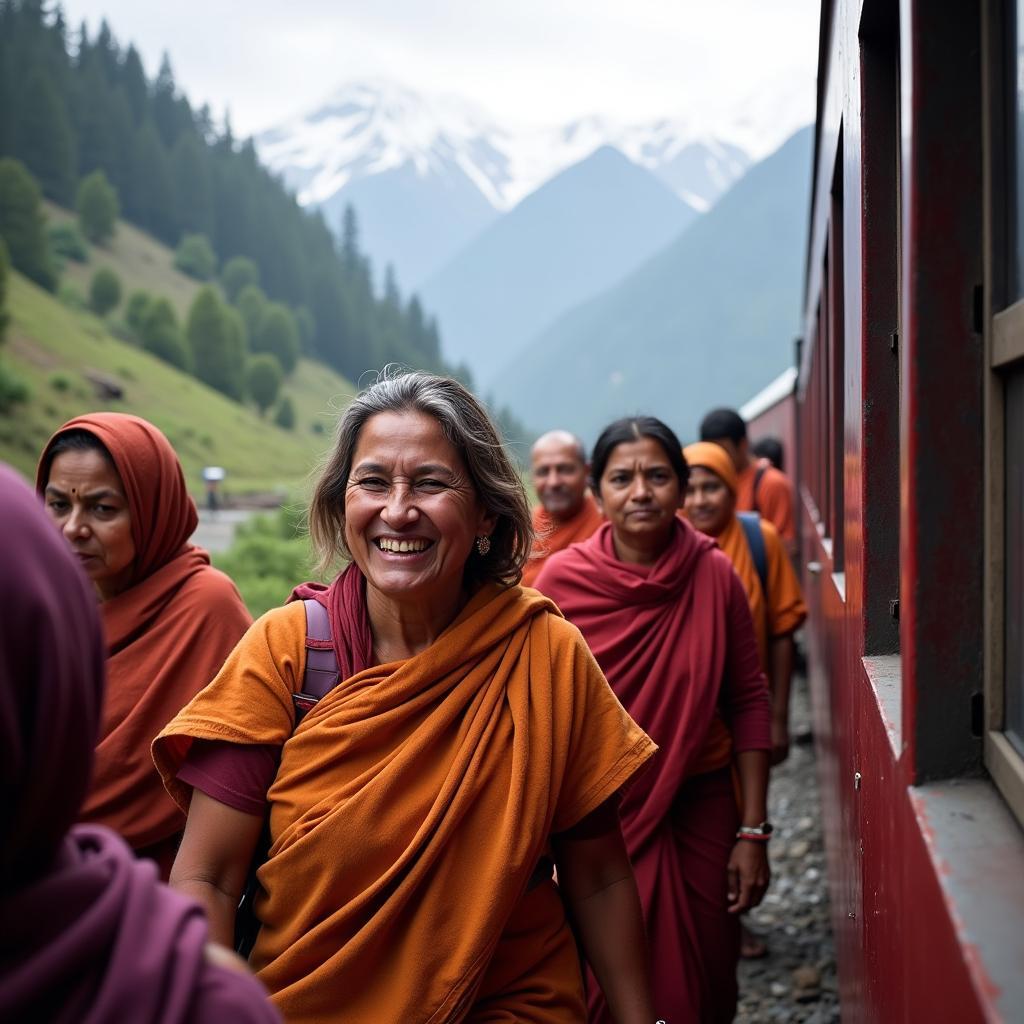 Devotees boarding a battery car