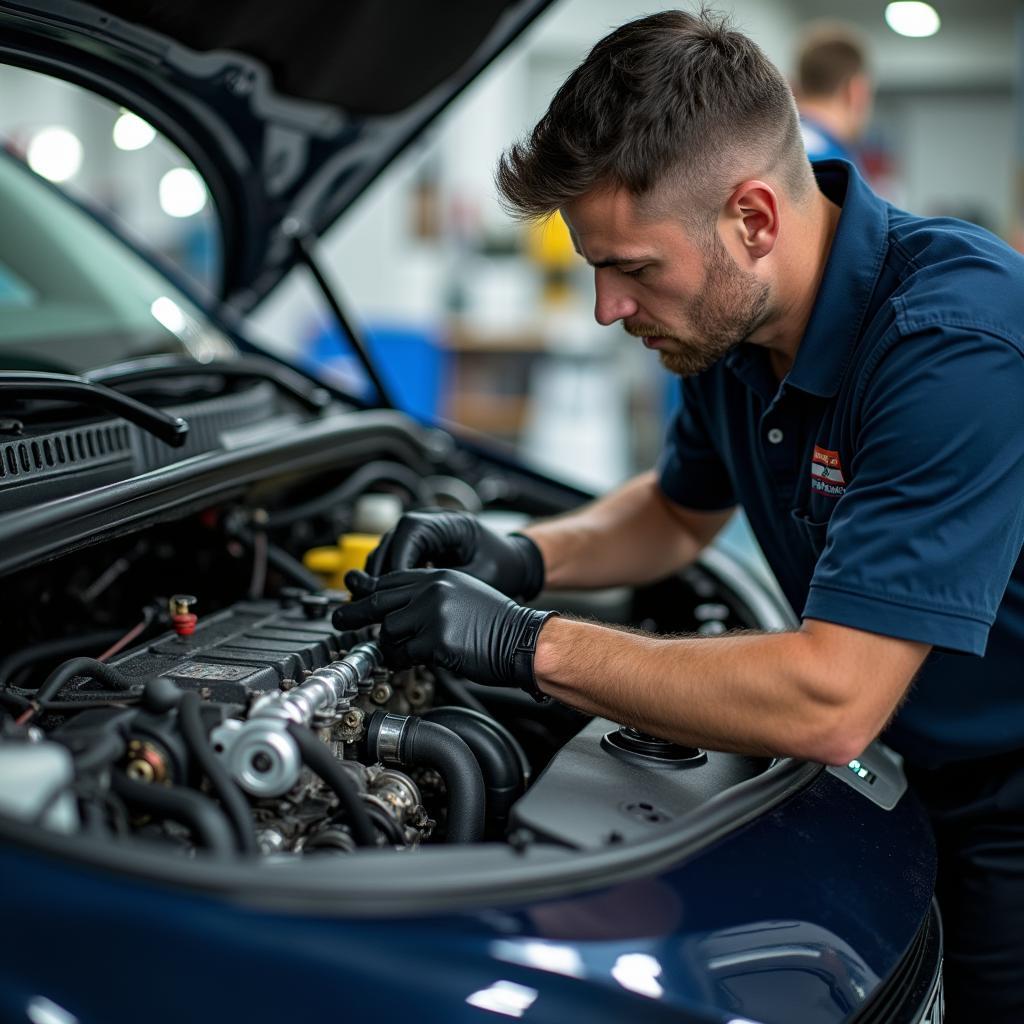 Mechanic Servicing a Diesel Car Engine