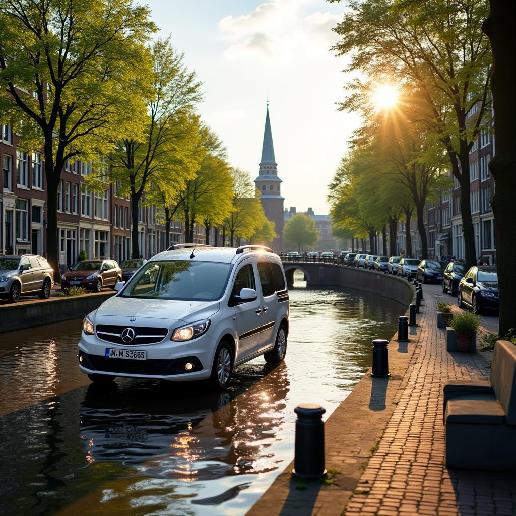 Driving a rental car along the canals in Amsterdam