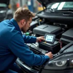 Technician checking an EV battery