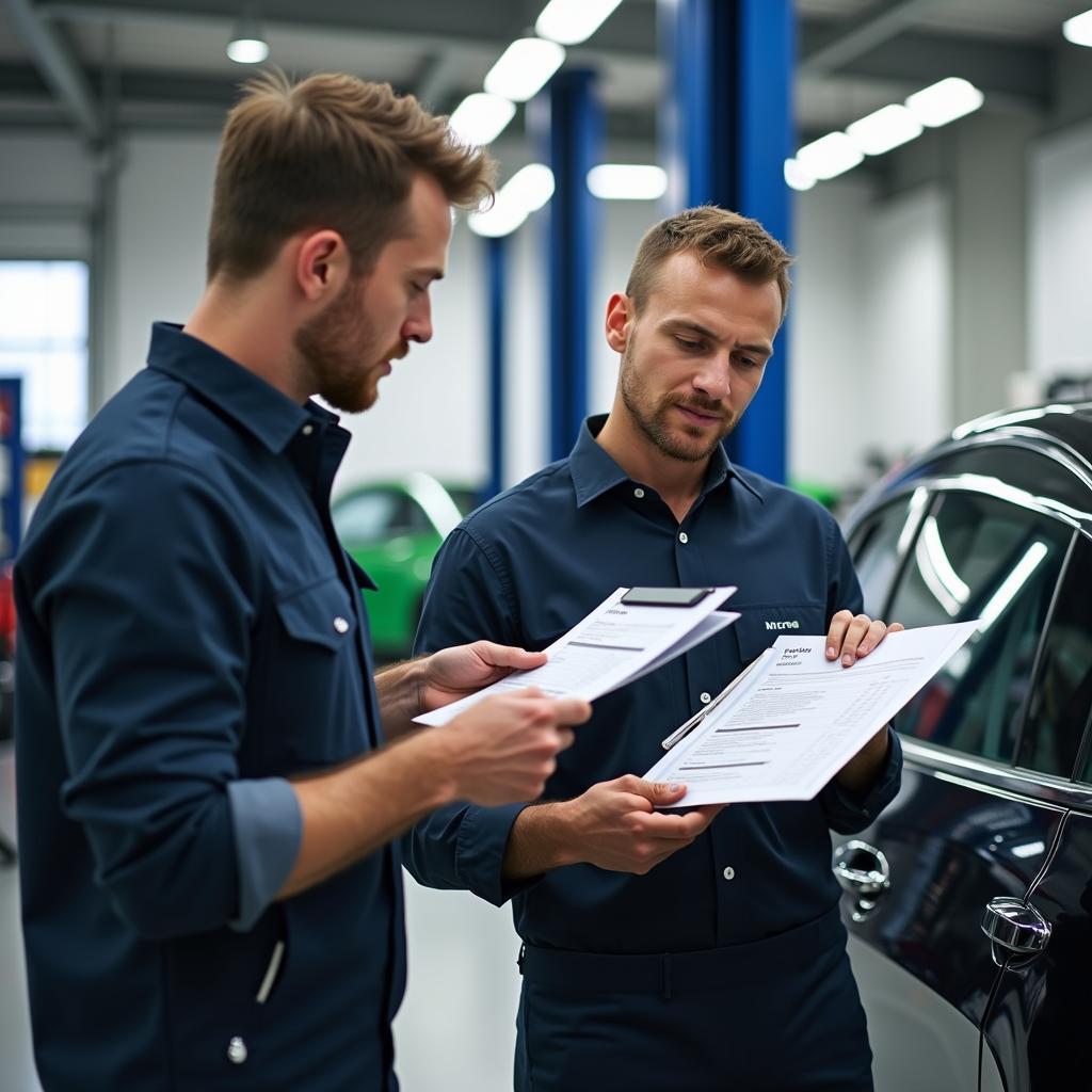 Electric car owner reviewing their service report at a New Delhi service center.