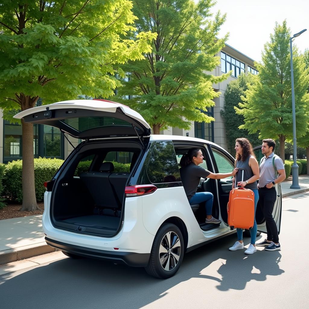 Modern Electric Car Shuttle Service Picking Up Passengers