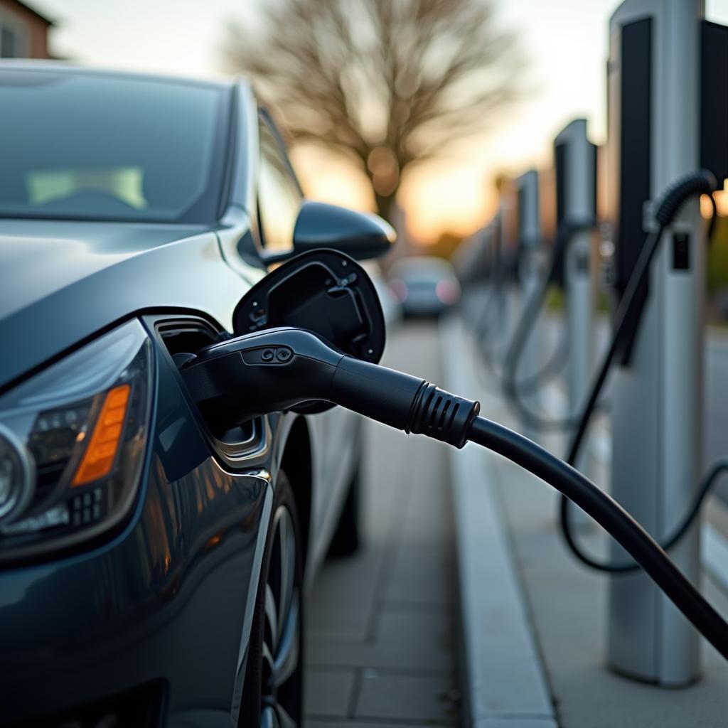 Electric car charging at a public charging station