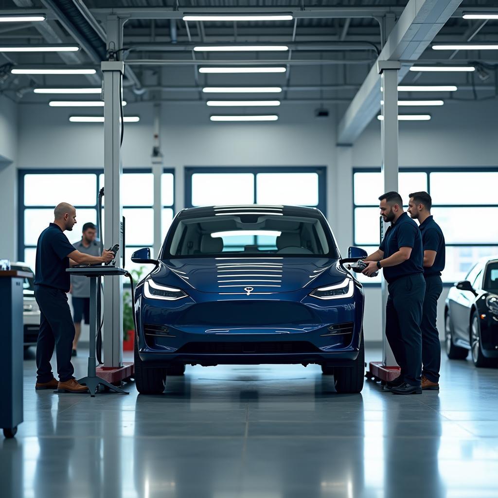 Modern car service center with EV on a lift