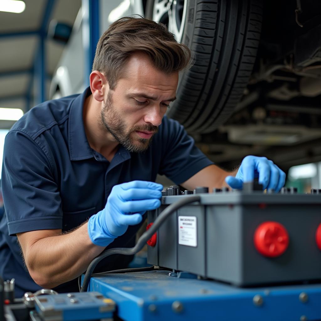 Skilled EV Technician Performing Maintenance