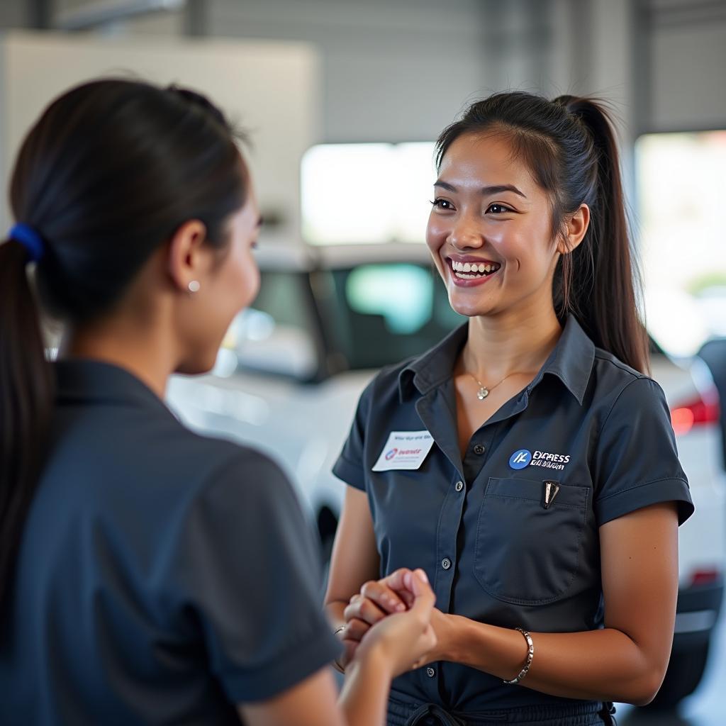 Express car wash staff member smiling and greeting a customer.