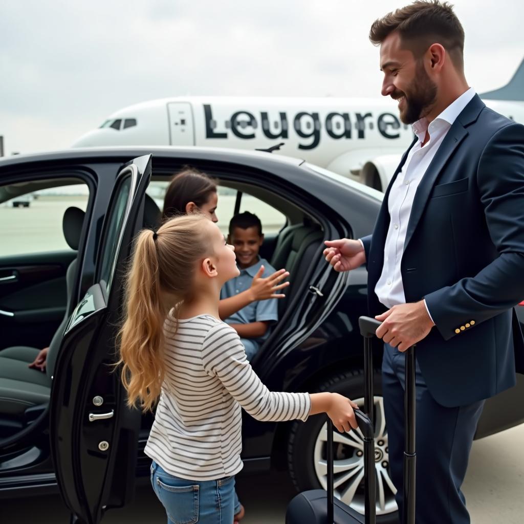 Family arriving at New Orleans airport being greeted by their pre-booked car service with car seat