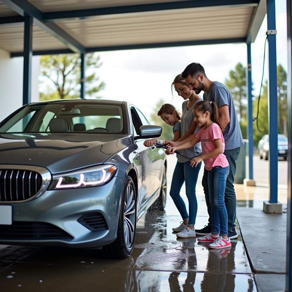 Family Using a Self-Service Car Wash