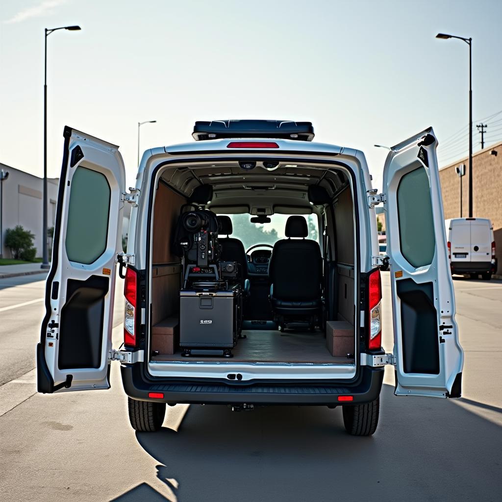 A van used for transporting film equipment parked at a filming location