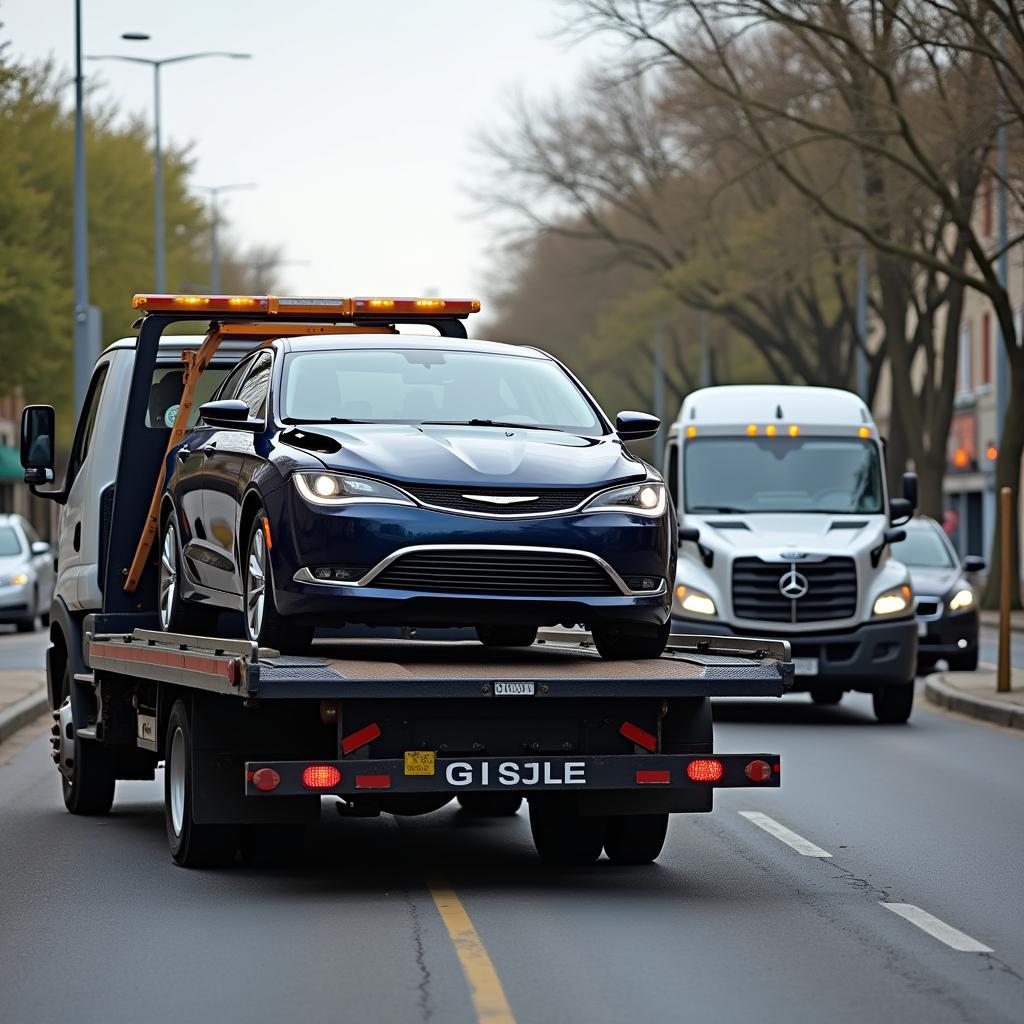 Flatbed tow truck in Mysore transporting a damaged car