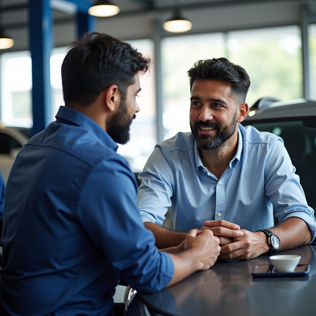 Ford Car Service Center Chennai: Customer discussing service options with a service advisor.