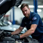 Ford-certified technician working on engine